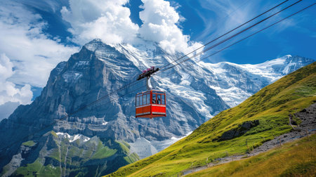 Scenic Eiger Express cable car carrying passengers over Swiss mountains, dramatic landscape in backgroundの素材