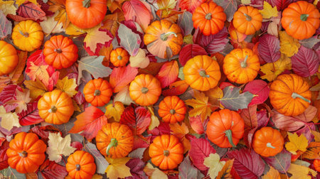Festive autumn background with pumpkins and colorful leaves, fall decorations, top viewの素材