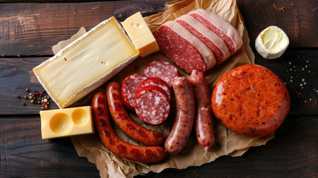 Raw meat, sausages, cheese, and butter on a table, bad food choices, top viewの素材
