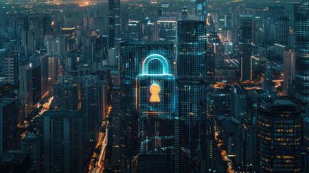 Night city panorama with cyber security padlock and data protection interface, top viewの素材