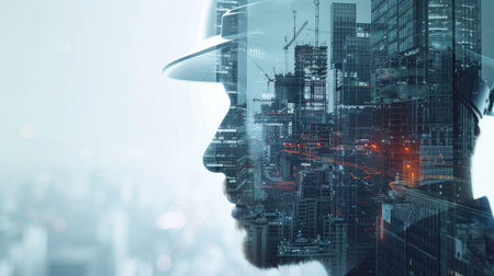 Close-up of engineer with urban architecture in double exposure, constructionの素材