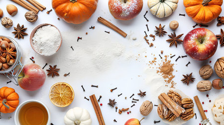 Rustic autumn baking with pumpkins, apples, nuts, and spices on white background, top viewの素材