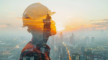 Double exposure image of engineer and urban cityscape, architectural backdropの素材