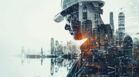 Engineer in double exposure with urban cityscape, architectural backgroundの素材