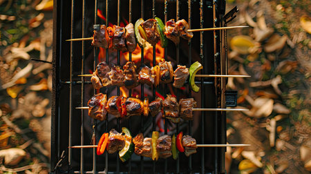 Skewers with meat and veggies near BBQ grill, outdoor top view.の素材