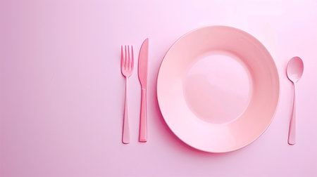Minimalist cutlery and spotless plate on pastel pink background.の素材