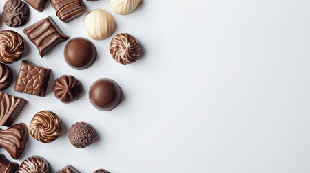 Close-up of assorted chocolate candies arranged on a white background.の素材