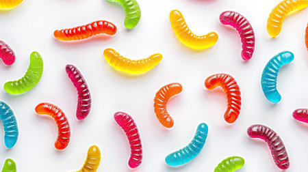 Colorful gummy worm candies on a bright white backdrop.の素材