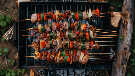 Skewers with meat and veggies near BBQ grill, outdoor top view.の素材