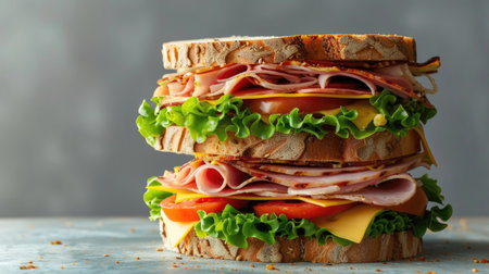 Close-up of a gourmet towering deli sandwich with layers of ham, turkey, cheese, lettuce, and tomato, isolatedの素材