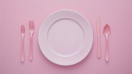 Minimalistic silver cutlery and clean plate on pastel pink.の素材