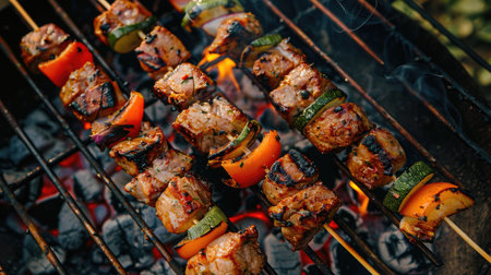 Skewers with meat and veggies by a BBQ grill outdoors, top view.の素材