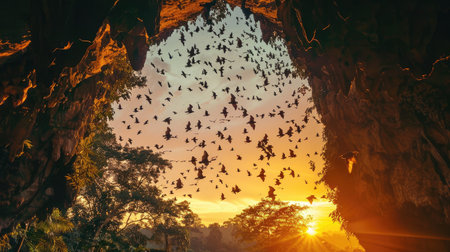 Colony of bats streaming out of a cave at sunset outside Battambang, sky glowingの素材