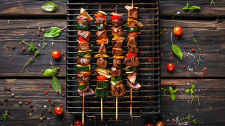 Skewers with meat and veggies near BBQ grill, outdoor top view.の素材