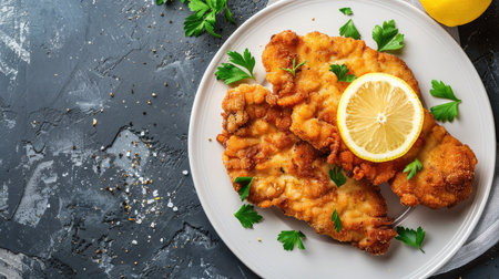 Top view of crispy schnitzel with lemon and parsley on white plate, brown stone background.の素材