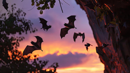 Bats in dramatic flight from a cave at sunset near Battambang, vibrant sky huesの素材
