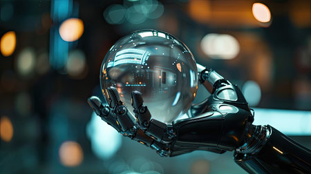 Cyborg hand holding a round element, symbolizing the future of artificial intelligence, with copy spaceの素材