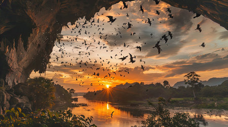Sunset view in Battambang with bats emerging from a cave, creating a stunning sceneの素材