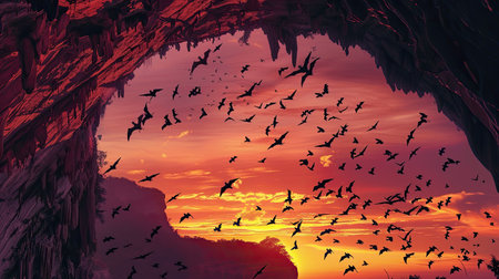 Majestic flight of bats from a cave at dusk, sky painted in shades of orange and pinkの素材
