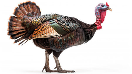 Full-body shot of a dark turkey isolated on a white background, capturing its stanceの素材
