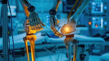 Robotic arms healing knee joint bone, showcasing advancements in medical surgeryの素材