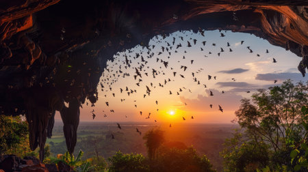 Sunset view in Battambang with bats exiting a cave, creating a mesmerizing sceneの素材