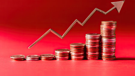 Declining coin stack and down arrow on red background, illustrating economic crisis and financial downturnの素材