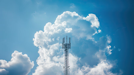Tall mobile network tower with white clouds in the background, offering a striking contrastの素材
