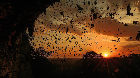 Millions of bats in silhouette against a sunset sky, streaming from a cave near Battambangの素材
