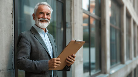 Confident middle-aged businessman holding clipboard, presenting ad, cheerful demeanorの素材