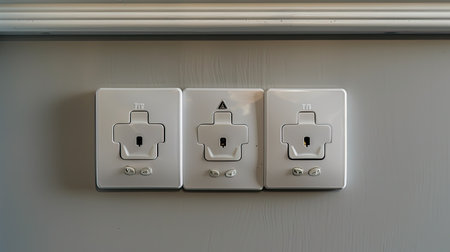 Electrical, internet, and TV sockets on a clean wall in a newly renovated house, ready for useの素材
