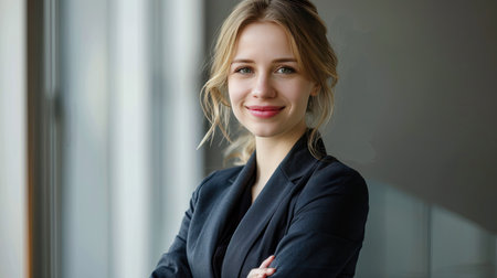 Elegant businesswoman in a suit, smiling confidentlyの素材