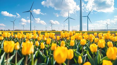 Scenic view of yellow tulips and windmill turbines in the Netherlands during springの素材