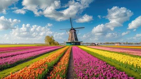 Windmill park surrounded by blooming tulip fields in the Netherlands, spring sceneryの素材