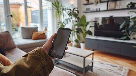 Hand holding smartphone to control smart home system, modern tech in cozy homeの素材