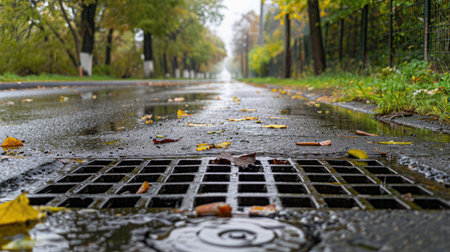 Stormwater runoff on an asphalt road, efficiently draining through roadside gratesの素材