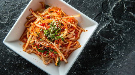 Korean dish Musaengchae in a white square dish, traditional radish salad, top view, South Koreaの素材