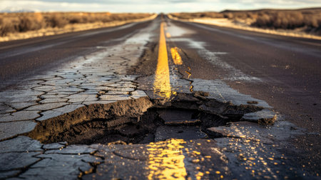 Deep pothole on the damaged asphalt road of an American highwayの素材