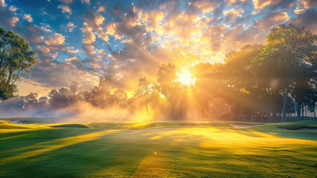 A picturesque golf teeing ground with a radiant sunrise reflecting on the fairwayの素材