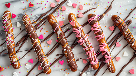 Valentine's pretzel rods being decorated with melted chocolate drizzle and sprinkles, flat lay viewの素材