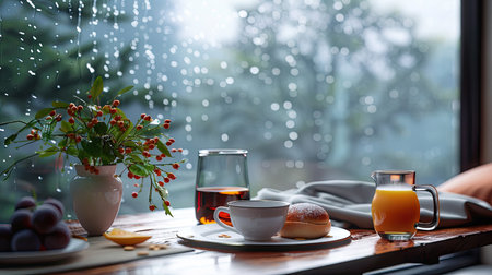 Cozy brunch scene with a rainy view, featuring a hearty meal and warm beveragesの素材