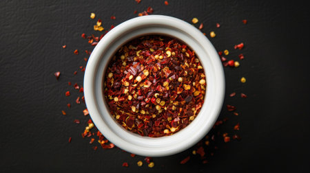 Top view of red pepper flakes in a ceramic white bowl, ideal for Asian cuisine and culinary backgrounds.の素材