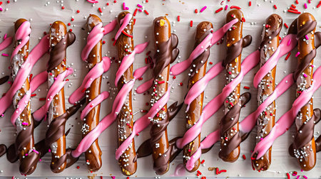 Valentine's pretzel rods being decorated with melted chocolate drizzle and sprinkles, flat lay viewの素材