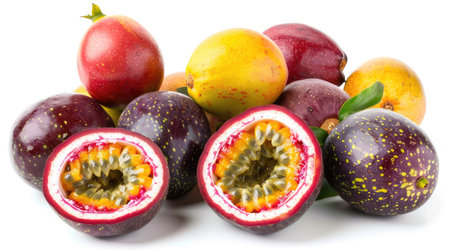 Assortment of whole and cut passion fruits, displaying their colorful pulp, on a white backgroundの素材