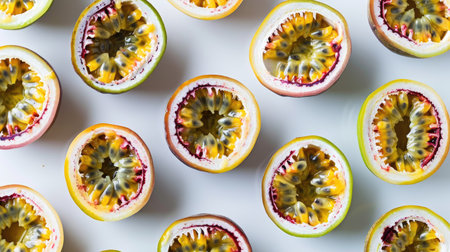 Fresh passion fruits arranged neatly, some cut open to reveal juicy pulp, on a white backgroundの素材