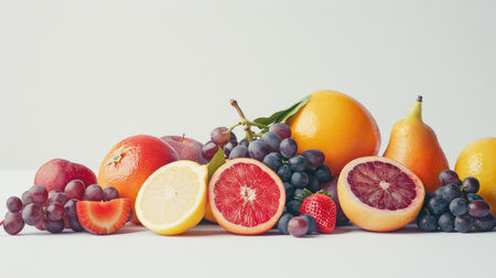Fresh fruits including colorful berries, citrus, and grapes, arranged beautifully against an isolated backdropの素材