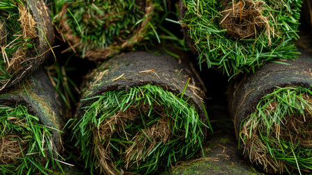 Freshly cut rolls of turf grass piled up, highlighting green blades and soil layersの素材