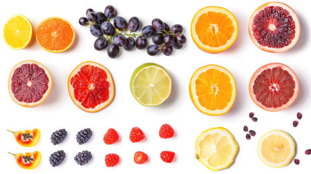 Colorful fresh fruits including berries, citrus slices, and grapes, neatly arranged against an isolated white backdropの素材