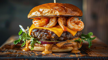 Gourmet burger with melted cheddar on beef patty, shrimp, and rich cheddar sauce, surf and turf styleの素材