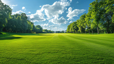 Golf fairway landscape with lush green grass and surrounding trees on a bright dayの素材